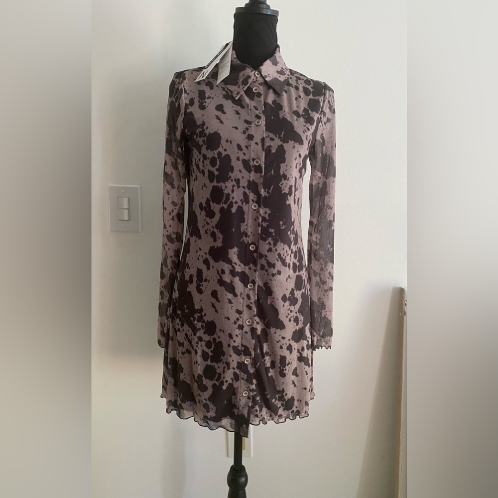 Long-Sleeve Taupe and Black Printed Button-Front Dress